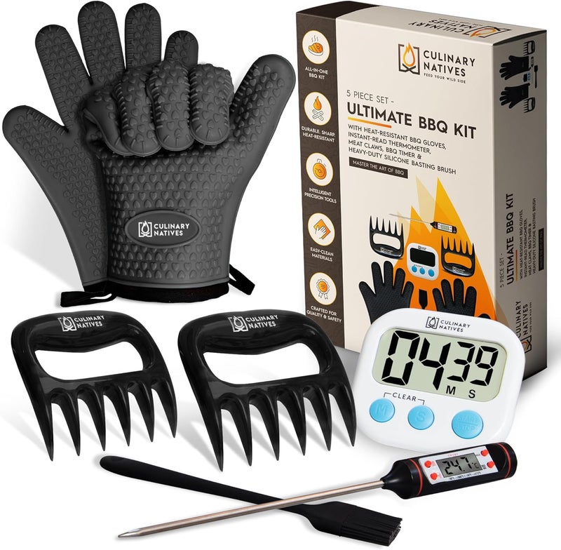 CULINARY NATIVES Smoker Gloves and Meat Claws | Instant-Read Thermometer, Timer & Brush | No.1 Heat Resistant Grill & Smoker Accessories Kit | BBQ Gloves & Pulled Pork Claws | Gift Set for Gas Charcoal & Pellet Grills - Image 1